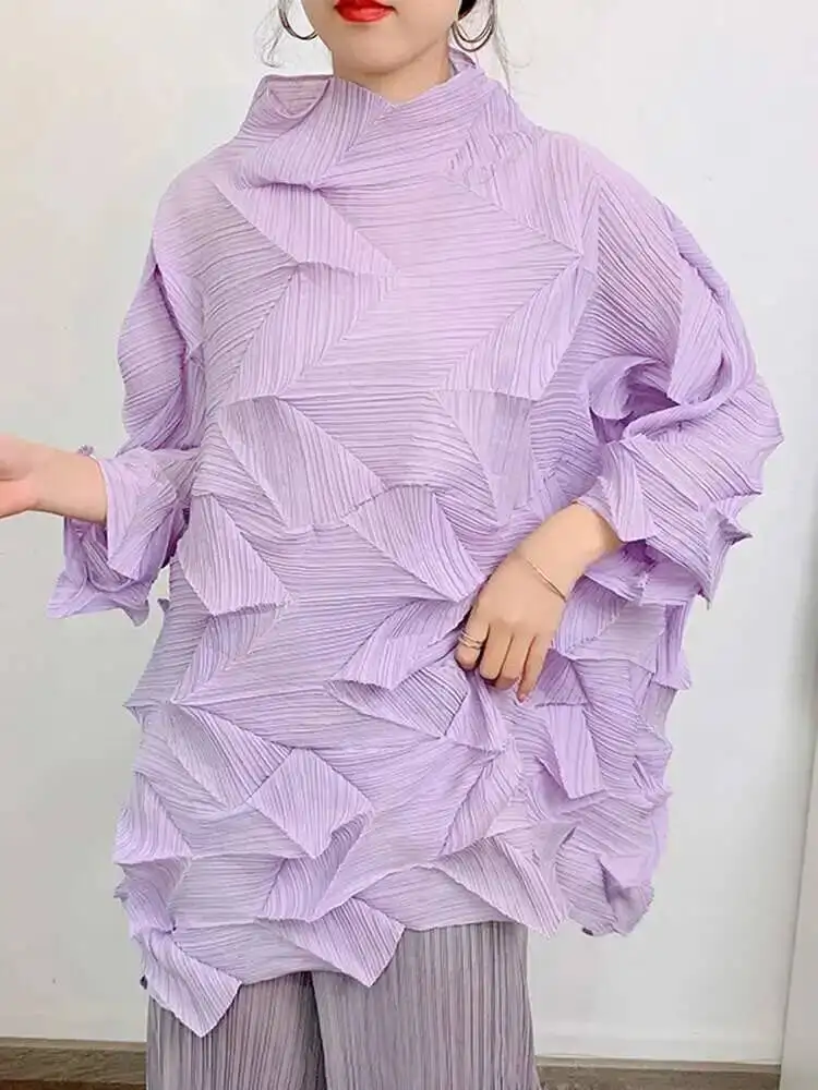 T-shirt Diamond Pleated For Women Turtleneck Long Sleeves Loose Tops Elegant Female Clothing 2025 Summer New AQI1