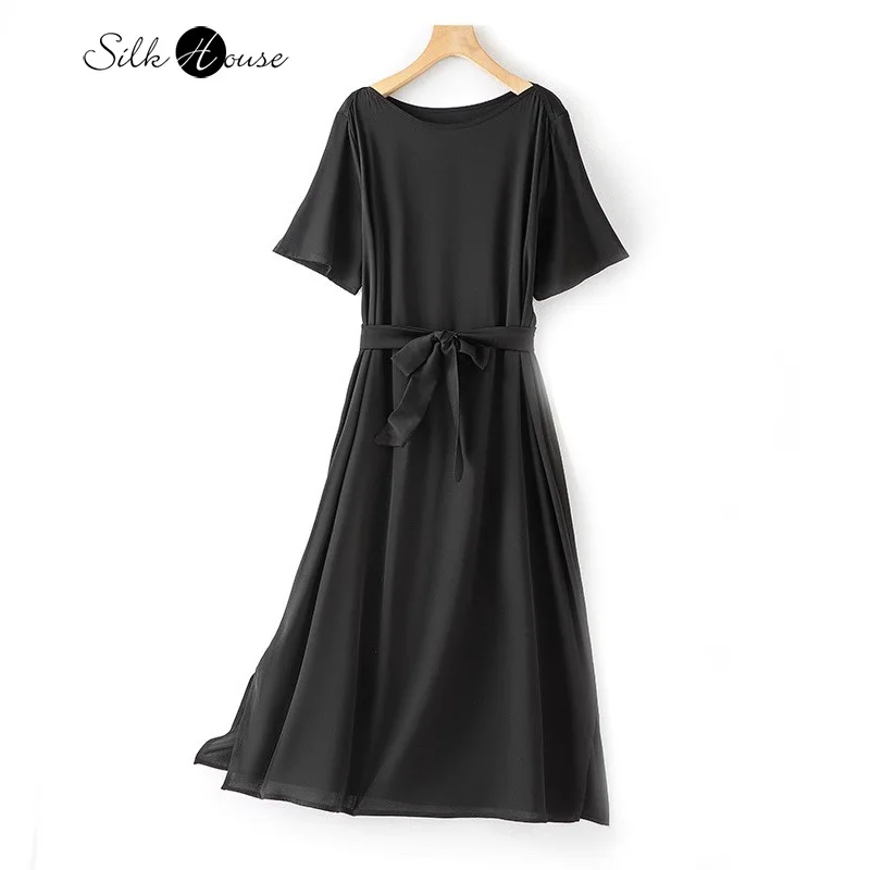 

French 93% Natural Mulberry Silk Elastic Double Qiao Satin Short Sleeved One Line Collar Belt Black Mid Length Fashionable Dress