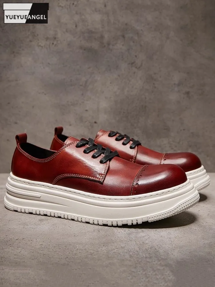 British Style Horsehide Genuine Leather Casual Shoes Male Spliced Vintage Design Handmade Footwear Round Toe Mens Platform Shoes
