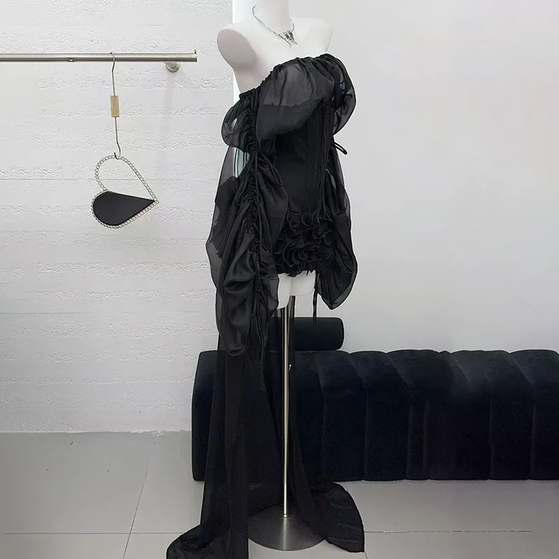 여성 레드 슬림 드레스 섹시한 오프 숄더 긴 소매 셔링 프릴 미니 드레스 트레일링 이브닝 파티 칵테일 가운