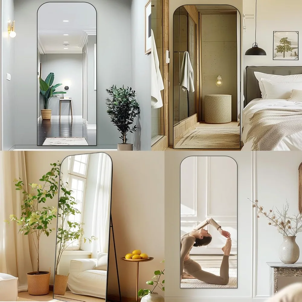 Grand miroir de sol autoportant arqué 71 x 26 pouces, corps complet, salon ou chambre à coucher, option sur pied ou montage mural