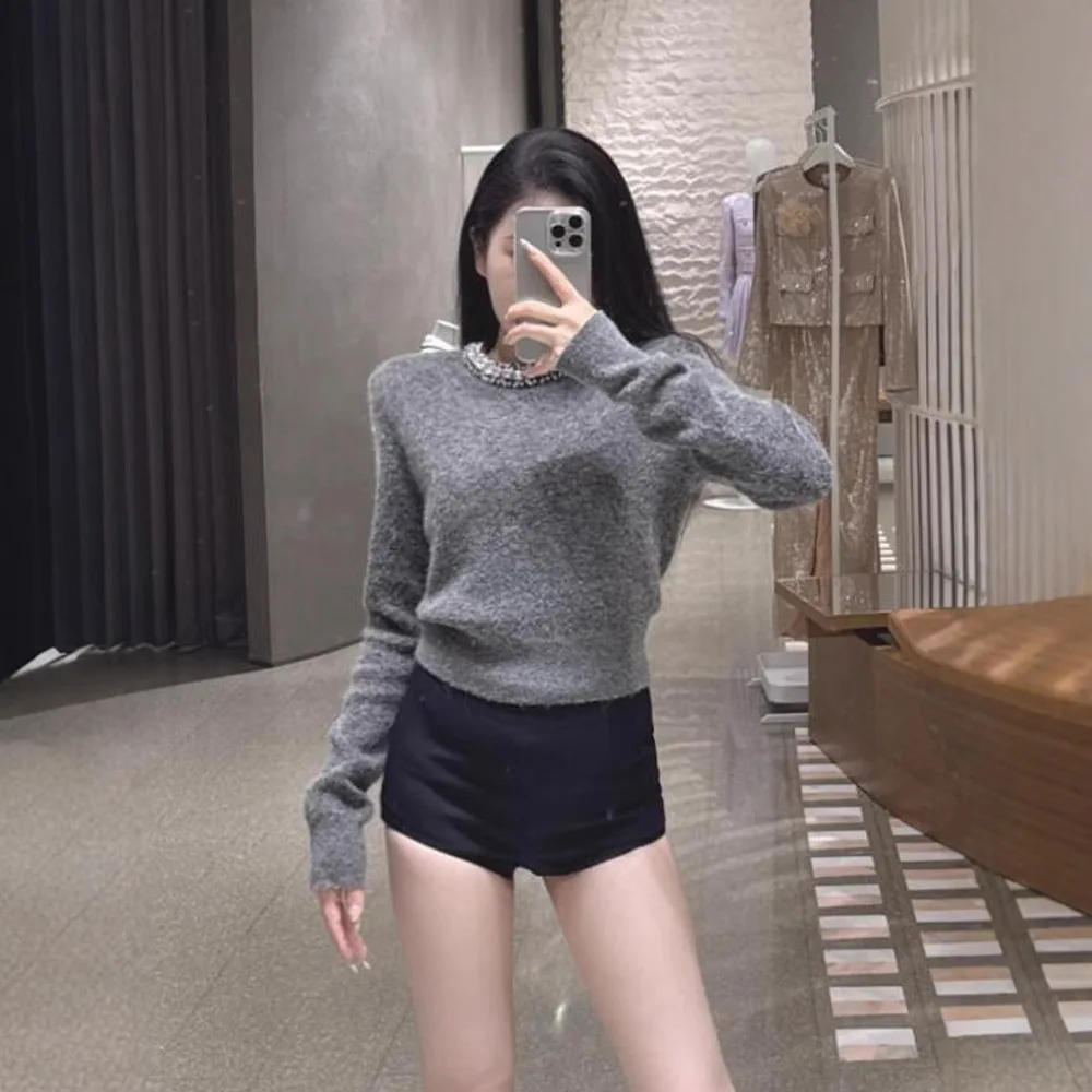 

Зимний вязаный свитер MaSandeSP в винтажном стиле с круглым вырезом, инкрустированный стразами, из высококачественного полиэфирного волокна, длинный рукав