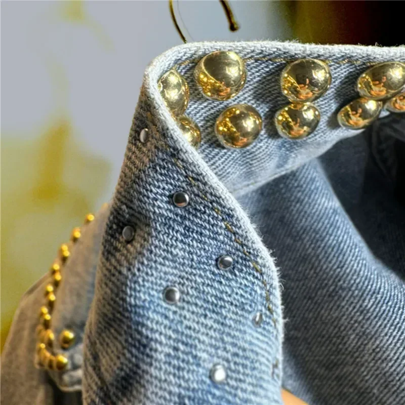 Autumn Women New Heavy Work Rivet Blue Short Denim Cardigan Jacket Loose Big Pocket Lapel Long Sleeve Female Jeans Jacket Coat - Image 4
