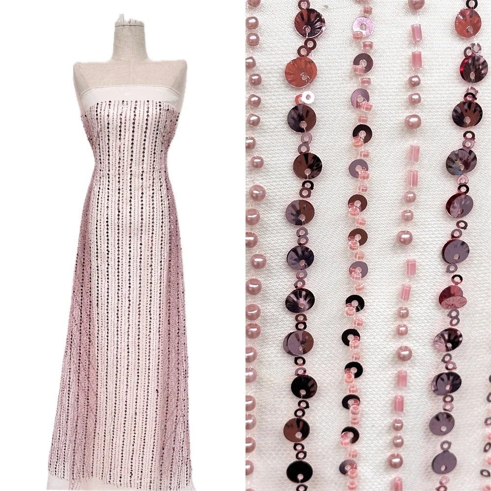 

Luxury 2025 High Quality Pink African French Beaded Lace Fabric Sewing Sequins Embroidery Nigerian Lace Fabric For Women Wedding