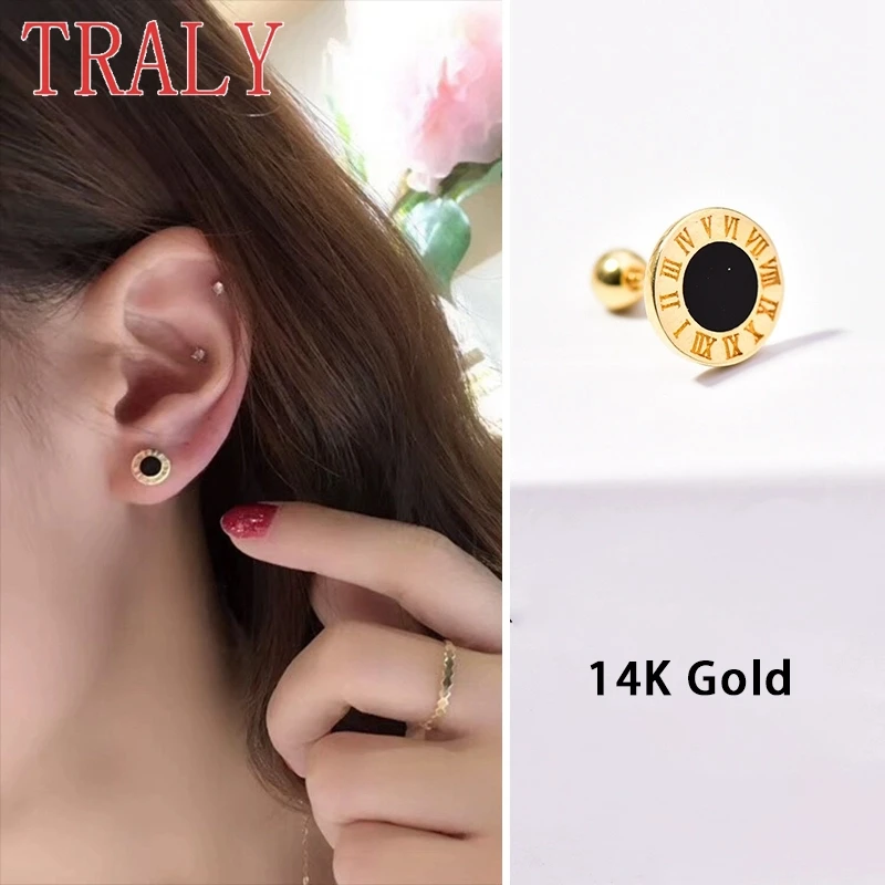 14K Yellow Gold Roman Numeral Studing Earrings Inlaid Black Onyx for Women 8mm Wide Screw Earrings Luxury Jewelry Party Gift