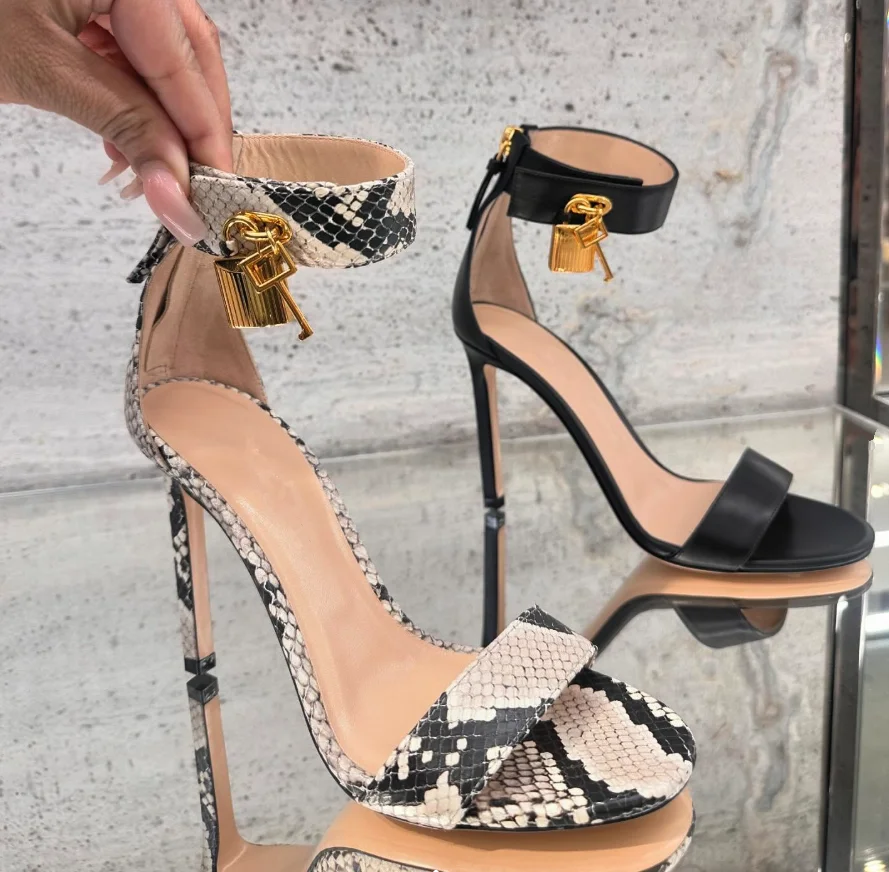 

Women's padlock snake print leather sandals gold/sliver/black ankle strap Stilettos high heels luxury designer party shoes