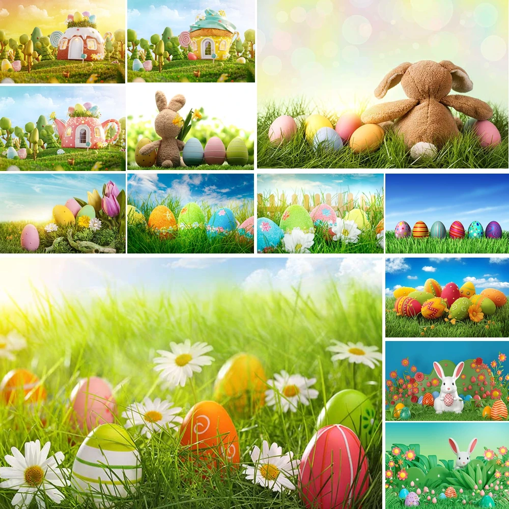 

MOON.QG Easter Pastoral Scene Backgrounds For Photographs Decorated Eggs Bunny Plush Green Grass Backdrop Photo Studio Photozone