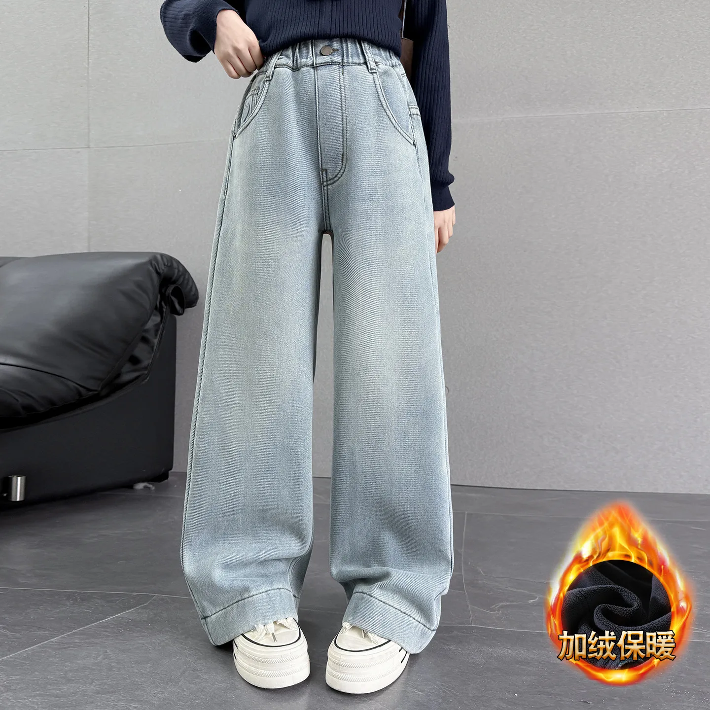 

Girls' Fleece-lined Jeans 2025 New Winter Fashion Children's Wide-leg Pants for Older Kids Thick Straight-leg Long Pants
