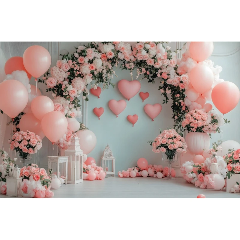 Globos de corazón de amor rojo, fondo de fotografía del Día de San Valentín, rosa, telón de fondo para fiesta de boda, retrato de amante, pancarta Photozone