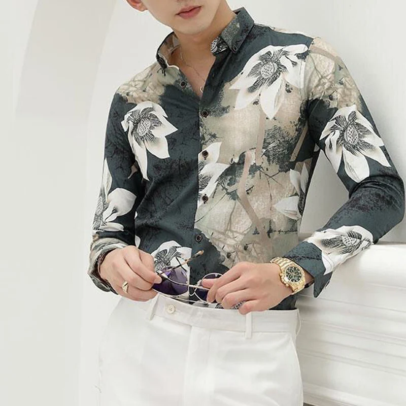 Spring Autumn New Turn-down Collar Fashion Long Sleeve Shirt Man High Street Loose Floral Printing Cardigan Button All-match Top