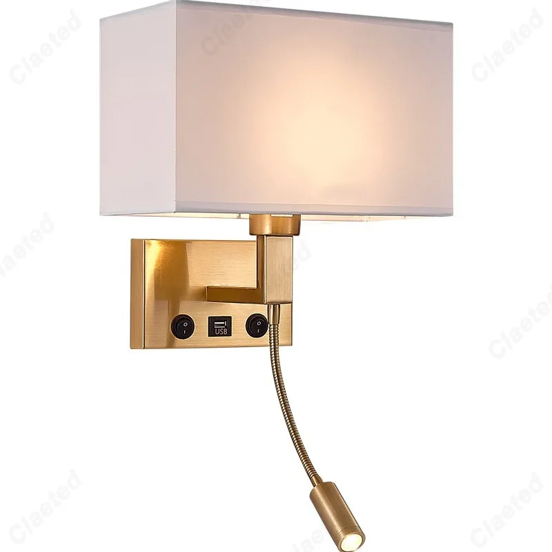 

LED Fabric Lampshade E27 Wall Light USB Charging Port Adjustable Angle Spotlight Bedroom Bedside Lamp Living Room Decoration