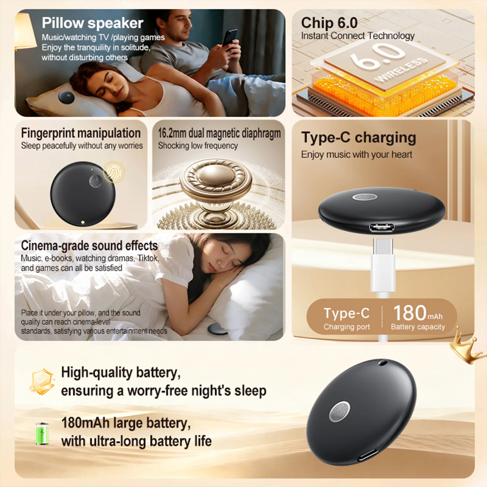 Portable Under Pillows Speakers 180mAh Mini Bone Conduction BT Sleeping Aids Built-In White Noise Sound Machine for Side Sleeper