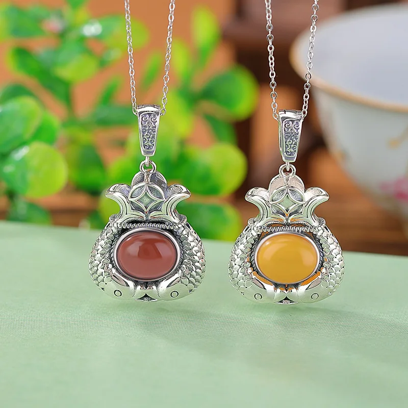 S925 Sterling Red Agate-Shaped Lucky Money Bag Double Koi Fish Style Silver Pendant