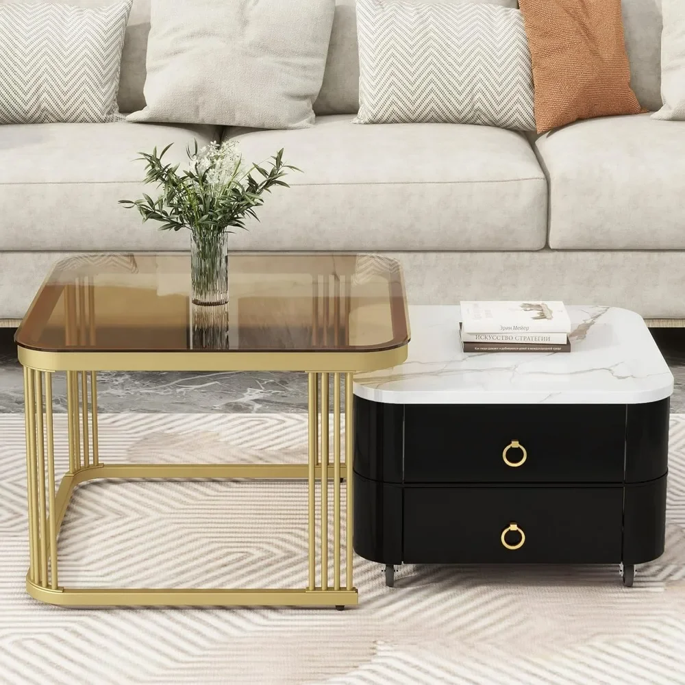 

2-in-1 Square Nesting Coffee Table with Wheels Drawers,Stackable Side Table with High Gloss Marble Grain Top, Living Room Tables