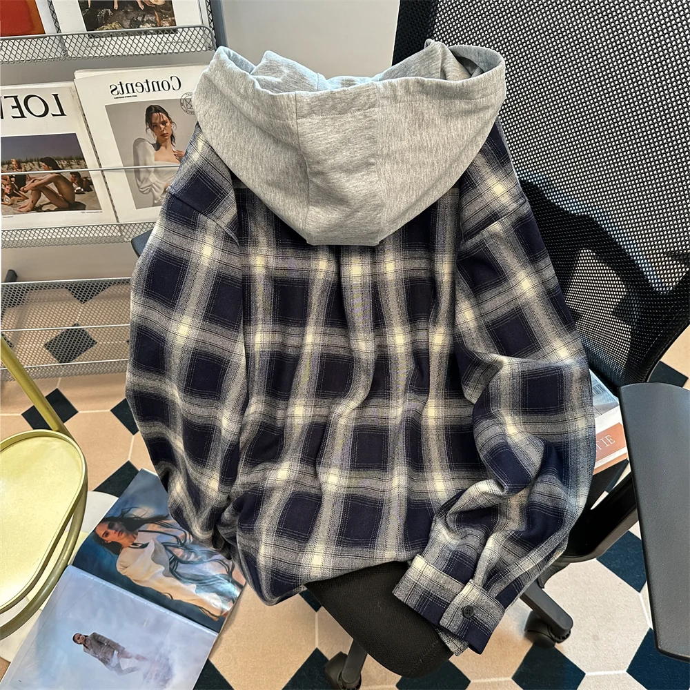 

American Style Plaid Hooded Shirt Men Women Spring Autumn Loose Workwear Long Sleeved Top Fashionable Single Breasted Jacket