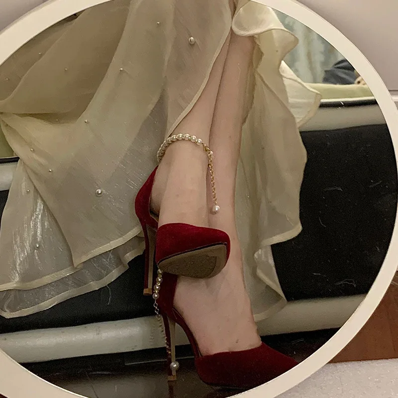 Pointed Suede Pearl High Heels for women, Slim Heels For Adults, Gift Pack Head Sandals For Brides, Xiuhe Wine Red Wedding Shoes