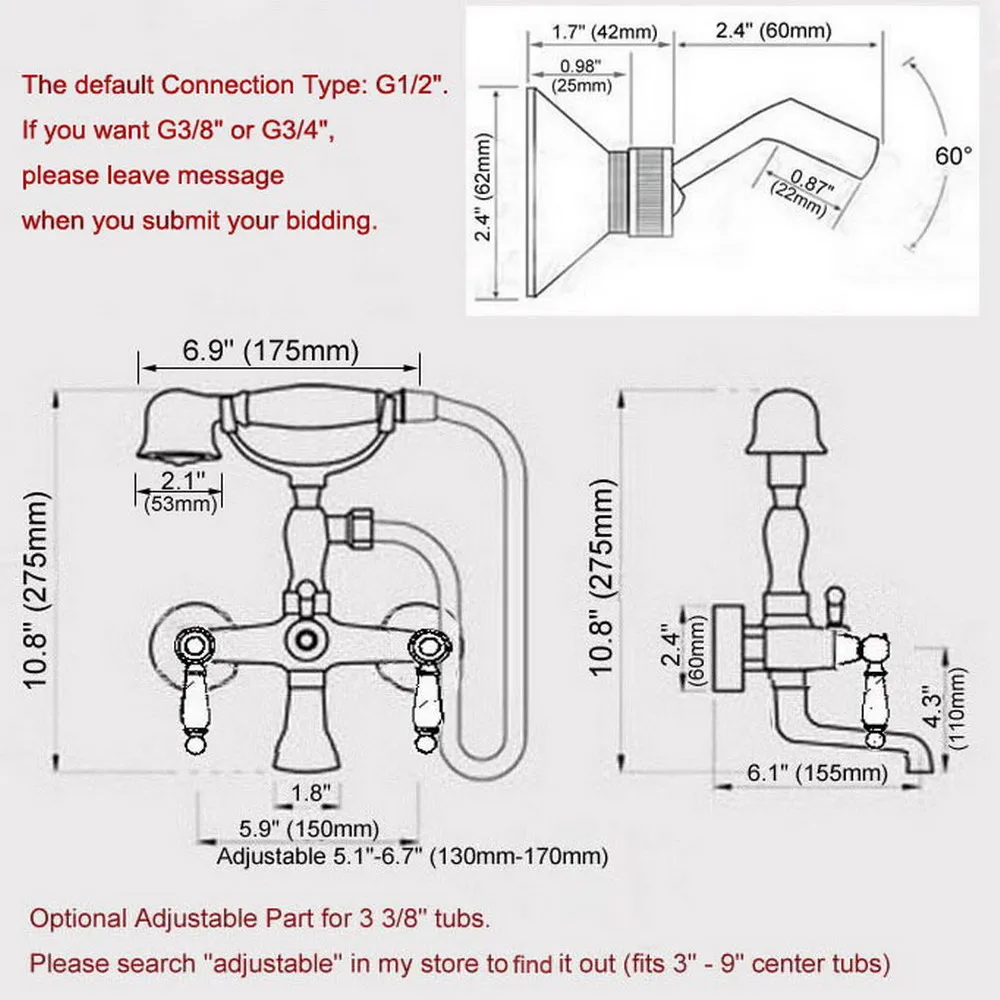 Antique Red Copper Double Handle Wall Mounted Bathroom Bath Tub Faucet Set with 1.5M Hand Held Shower Spray Mixer Tap 2na378