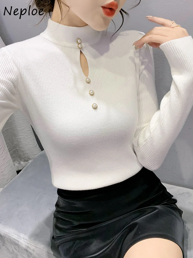 Neploe Stand Neck Hollow Out Chic Buttons Pull Femme Autumn Winter Jersey Mujer Sweater Y2k Solid Color Long Sleeve Sweaters