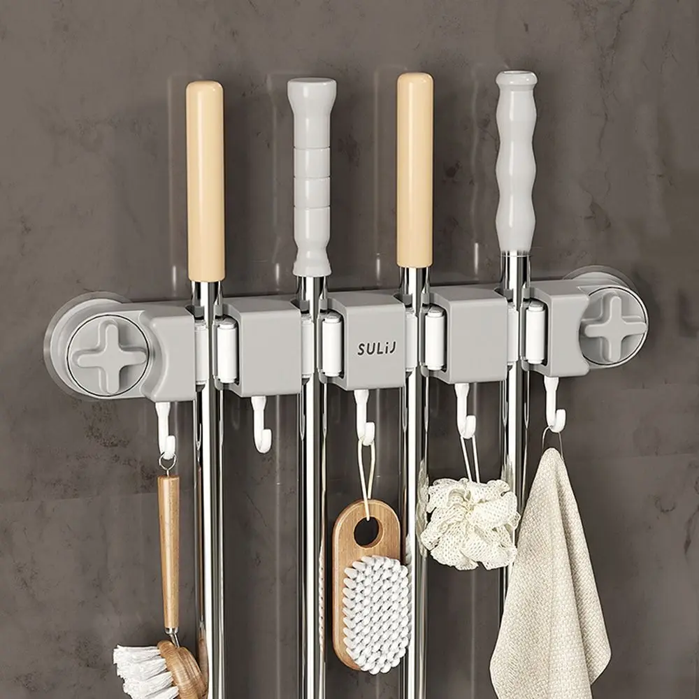 كوب شفط بلاستيكي مكنسة ممسحة حامل ذاتية اللصق الحائط ممسحة كليب رف لا الحفر مع 5 خطاف ممسحة مكنسة المنظم #1