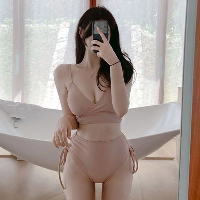 Traje de Baño de Bikini de Cintura Alta para Mujer, Adeazante, para Vacaciones, Primavera Térmica, Sepa, Sexy, Estilo C...