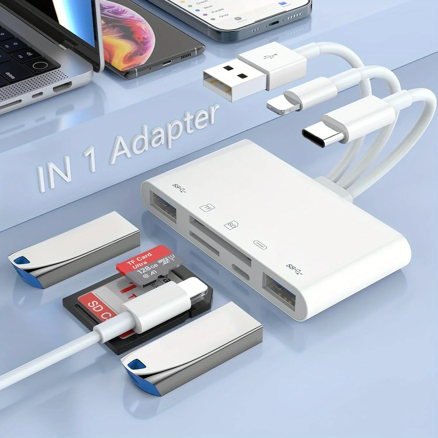 SD TF pembaca kartu memori adaptor OTG, adaptor 5 in 1 dengan Port pengisian daya untuk iPhone iPad Xiaomi Samsung Huawei PC