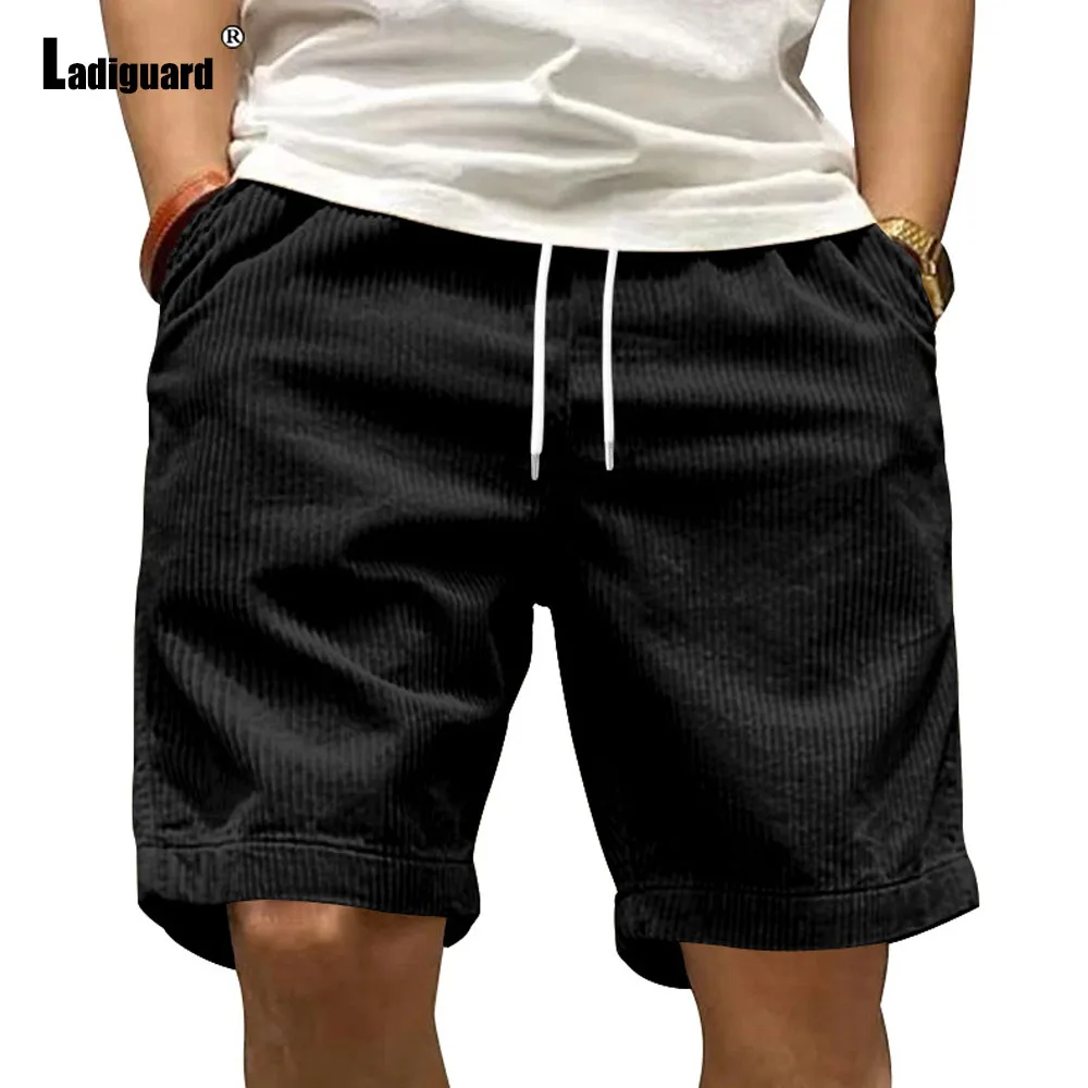 Ladiguard Men Casual Corduroy Shorts Yellow Apricot Beach Shorts Plus Size Male Drawstring Half Pants Sexy Mens Clothing 2024