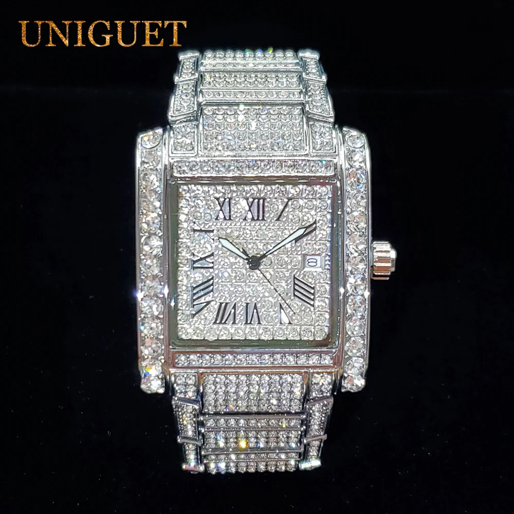 

UNIGUET Diamond Watches For Men Luminou Point Calendar Men's Quartz Watch Luxury Iced Out Stylish Large Male Clock Dropshipping