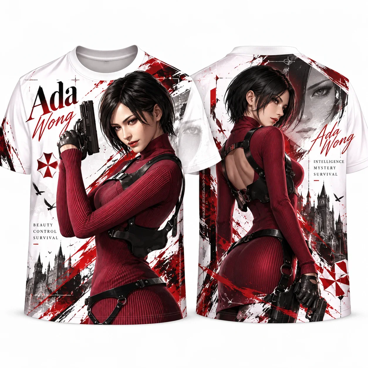Resident Evil Series Character 3D Print Short Sleeve T-shirt, Family Matching Outfits Y2K Dark Streetwear Casual Graphic Tee Top