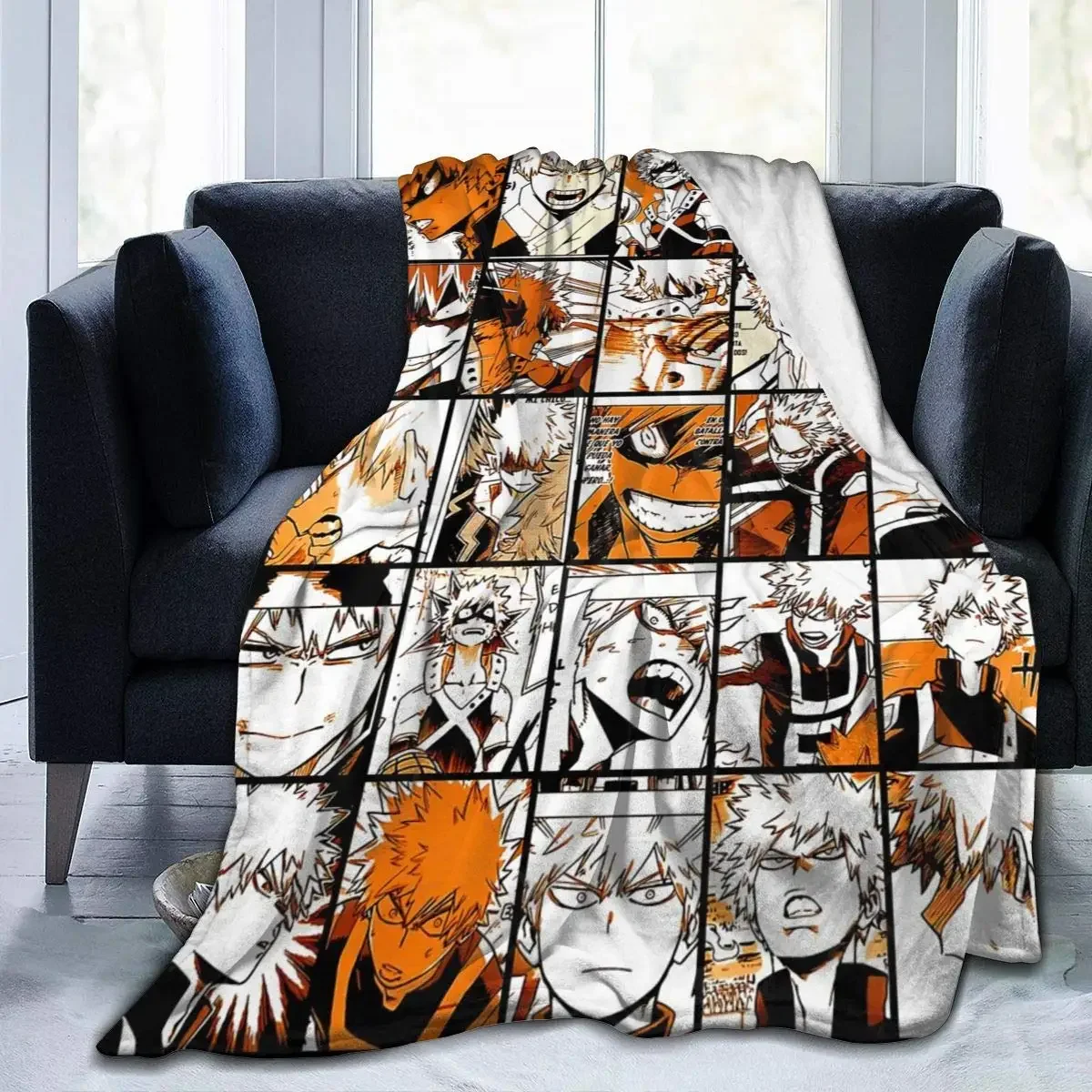 Koc flanelowy z nadrukiem 3D Antypilling Rzut Anime Bakugo Katsuki MHA Luksusowy koc do domu Sofa Kanapa 100x120cm