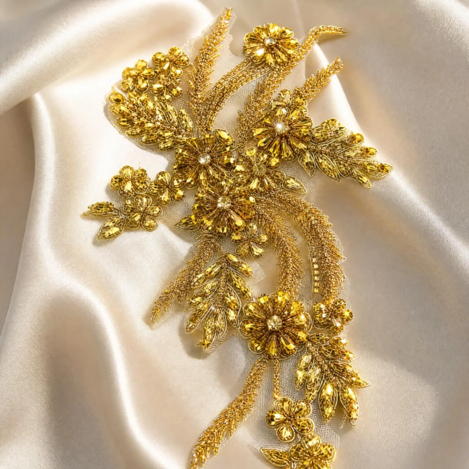 Trailing Floral Applique with Glass Beads Sew-on Beaded Rhinestone Flower