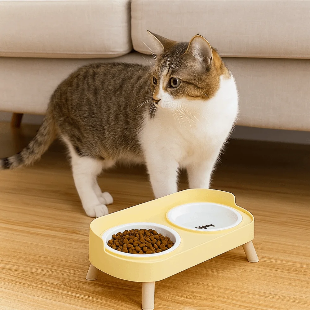 

Ceramic Double Cat Bowl Cervical Protection Large Capacity Cat Water Bowls Anti Slip with Stand Pet Feeder Daily Feeding