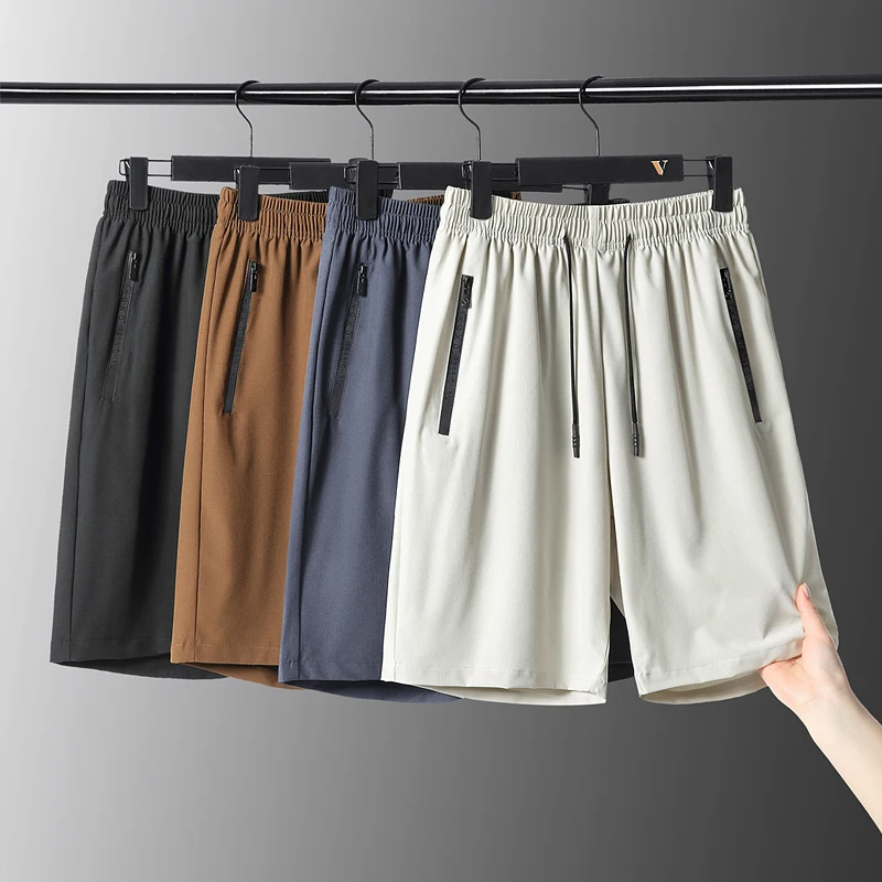 2024 Trend Minimalist New Casual Summer Men's Solid Color Elastic Drawstring Versatile Pocket Zipper Sports Beach Casual Shorts