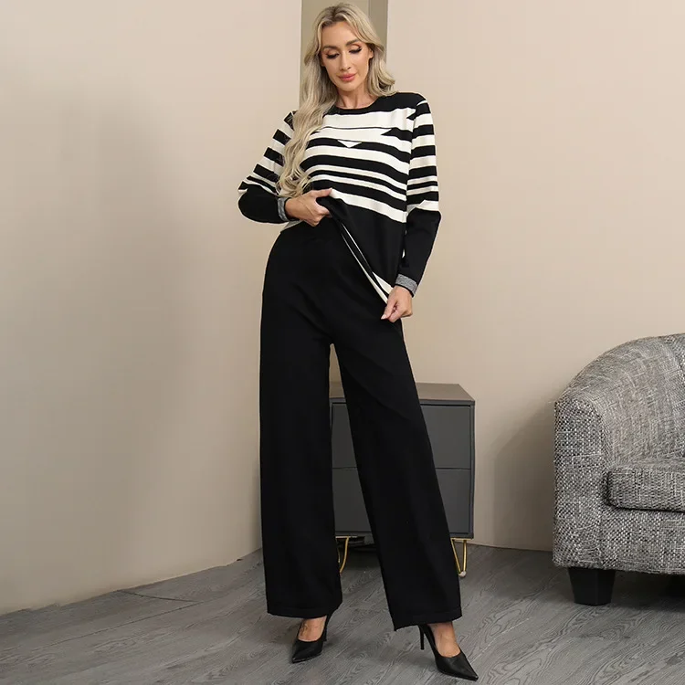 Women Two Piece Pant Sets Knit Striped Sweater Full Sleeve Round Neck Wide Leg Pants Elastic Waist Casual autumn winter 2024