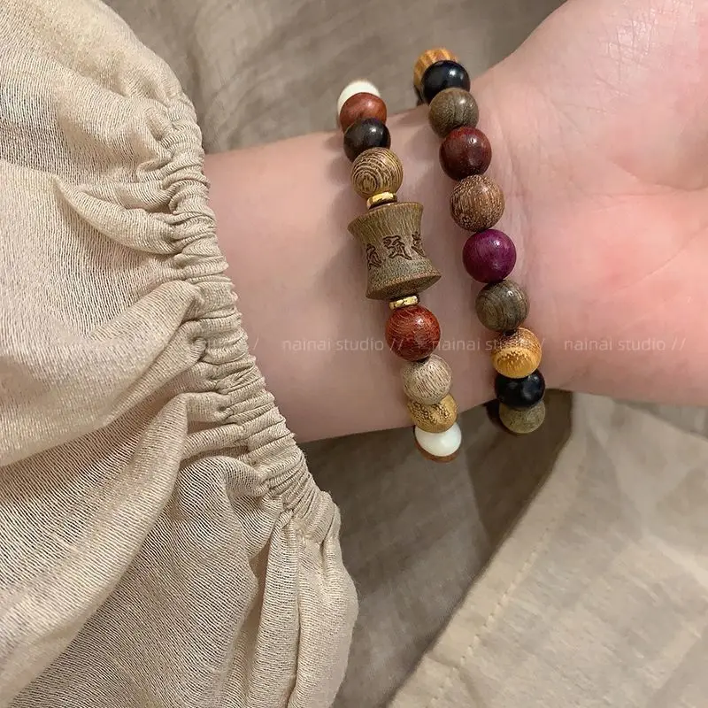 Sandalwood Duobao Bead Bracelet New Chinese Ethnic Style Beaded Six-character Proverbs Jewelry Antique Zen Rosary