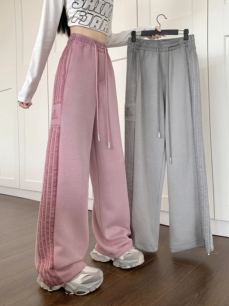アメリカンストライプスポーツパンツ女性の春秋ルーズカフスカジュアルスウェットパンツドレープストレートレッグワイドレッグパンツ