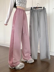 Trendy American Striped Sports Pants Women's High Street Loose Casual Fleece Wide Leg Straight Cut Trousers Autumn Winter