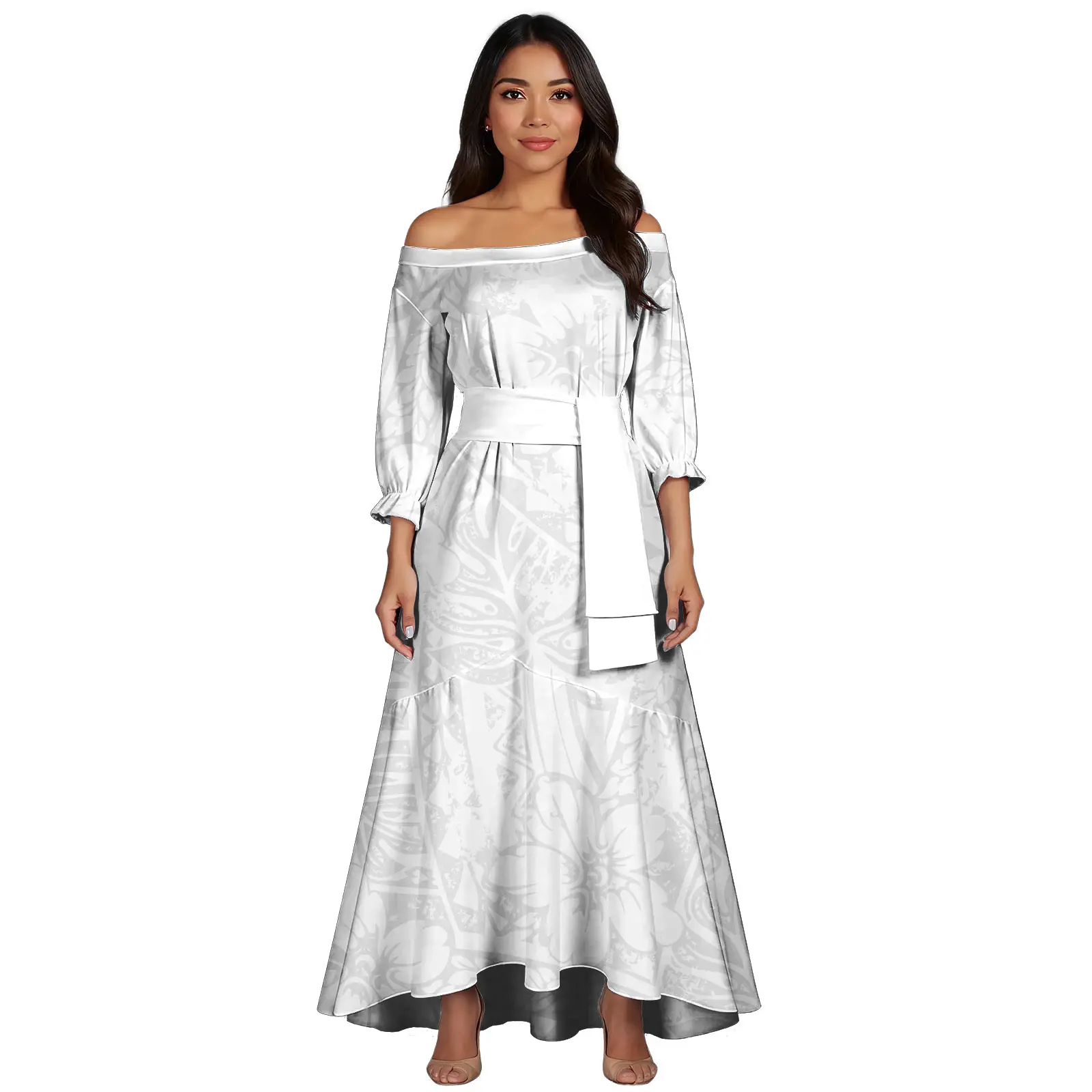 New White Polynesian Samoa Tribal Print Trumpet Mermaid Dress Custom Ladies Off Shoulder Casual Evening Dresses