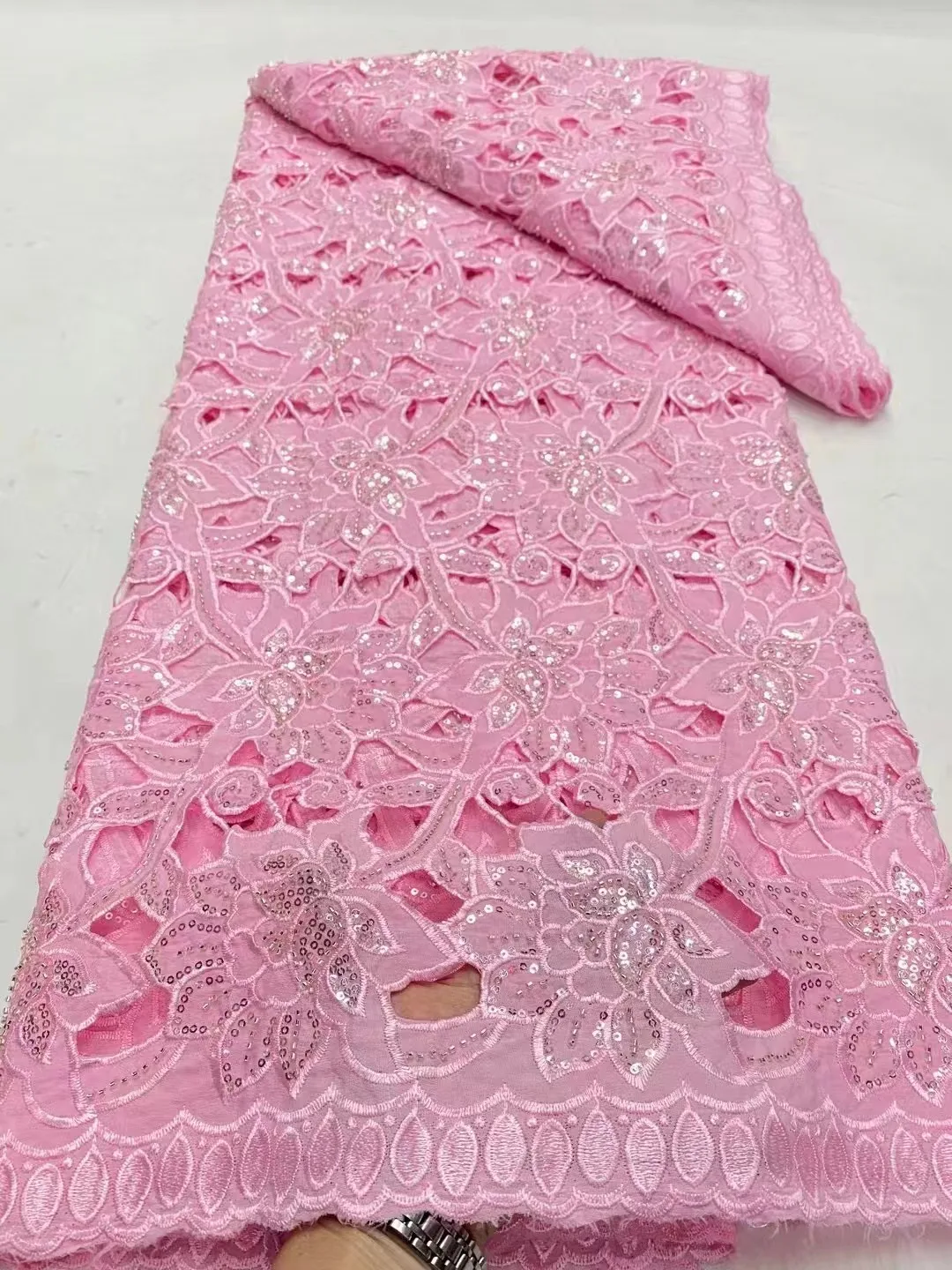 

Hot Sale Pink Nigerian Guipure Cord Fabric 2025 High Quality African Water Soluble Lace Cotton Fabric for Women Evening Sewing