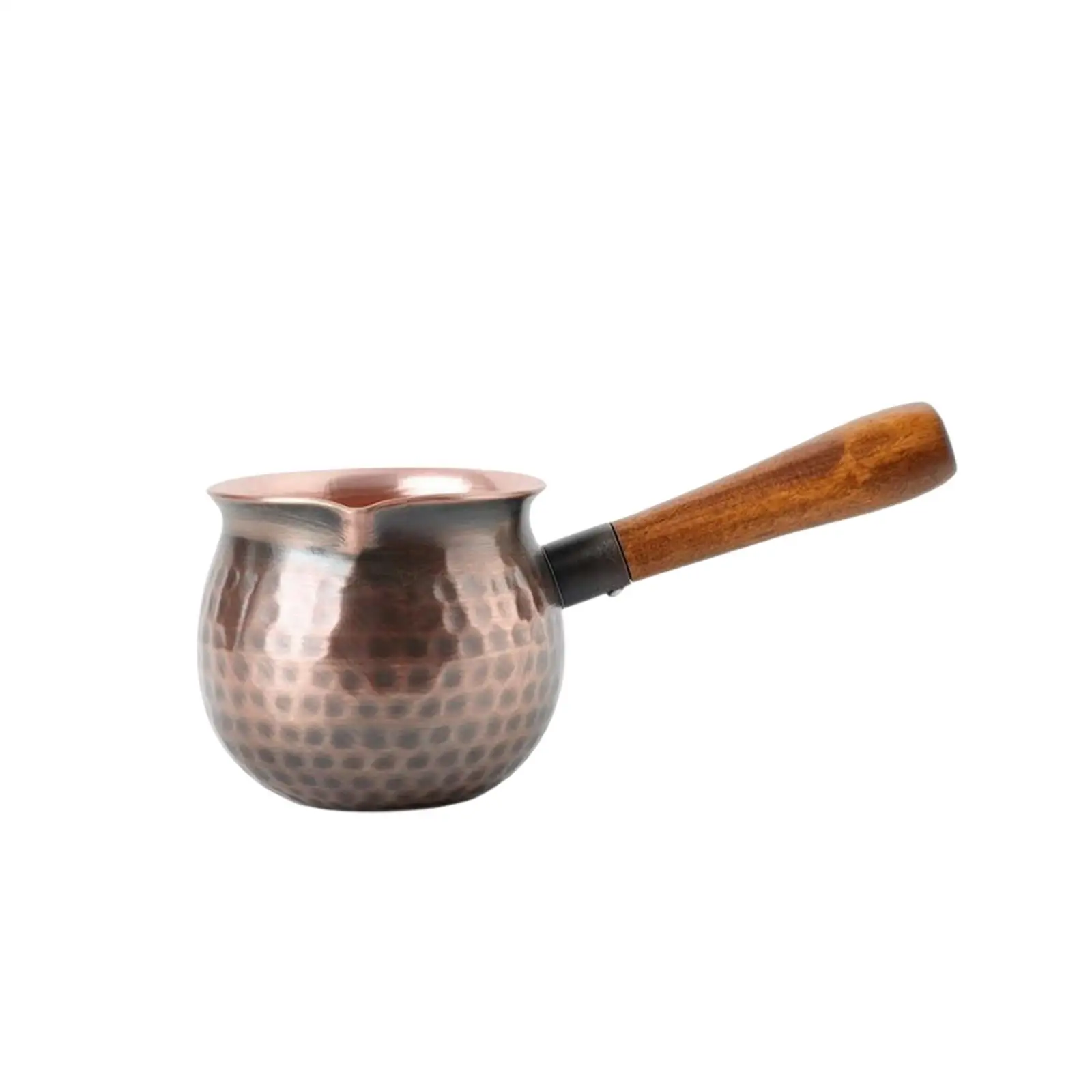 Hammered Copper Tea Decanter Pouring Vessel with Flared Spout and Heat Resistant Wooden Side Grip