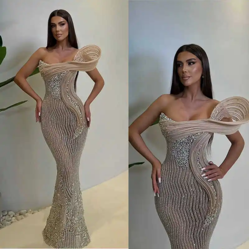 

Gorgeous Evening Cocktail Dresses Strapless Sleeveless Lace Appliques Beaded High fork Sequined Formal Dress Customized
