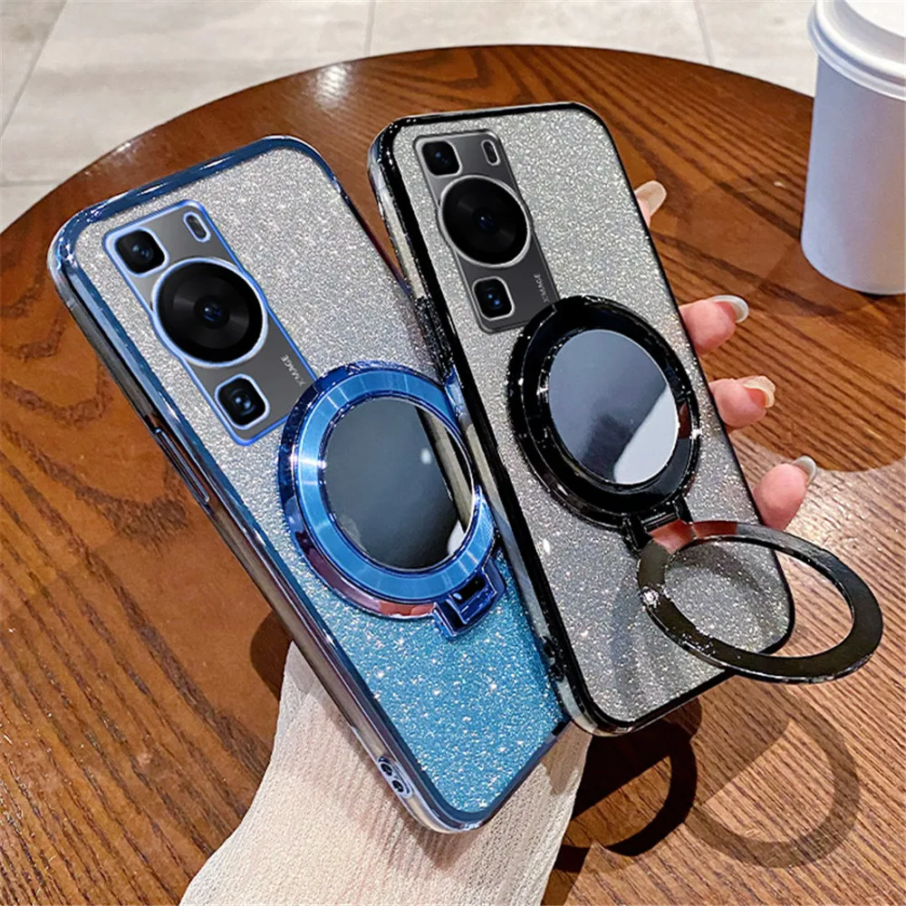 Plating Glitter Magnetic Ring Holder Case For Huawei P30 Lite P40 P50 P60 P70 Pro P Smart 2021 Mate 40 50 Pro Mirror Stand Cover