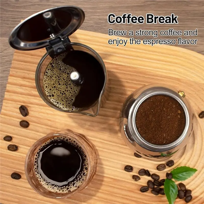 ABUI-Clear Glass 4 Cup Moka Pot 304 Stainless Steel Thickened Stovetop Espresso Maker Italian Coffee Machine 200Ml 6.8Oz