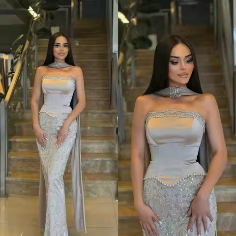 Simple Strapless Evening Dresses Pearls Mermaid Prom Dress Sequins Beaded Sleeveless Party Dress Customized Vestidos de noche