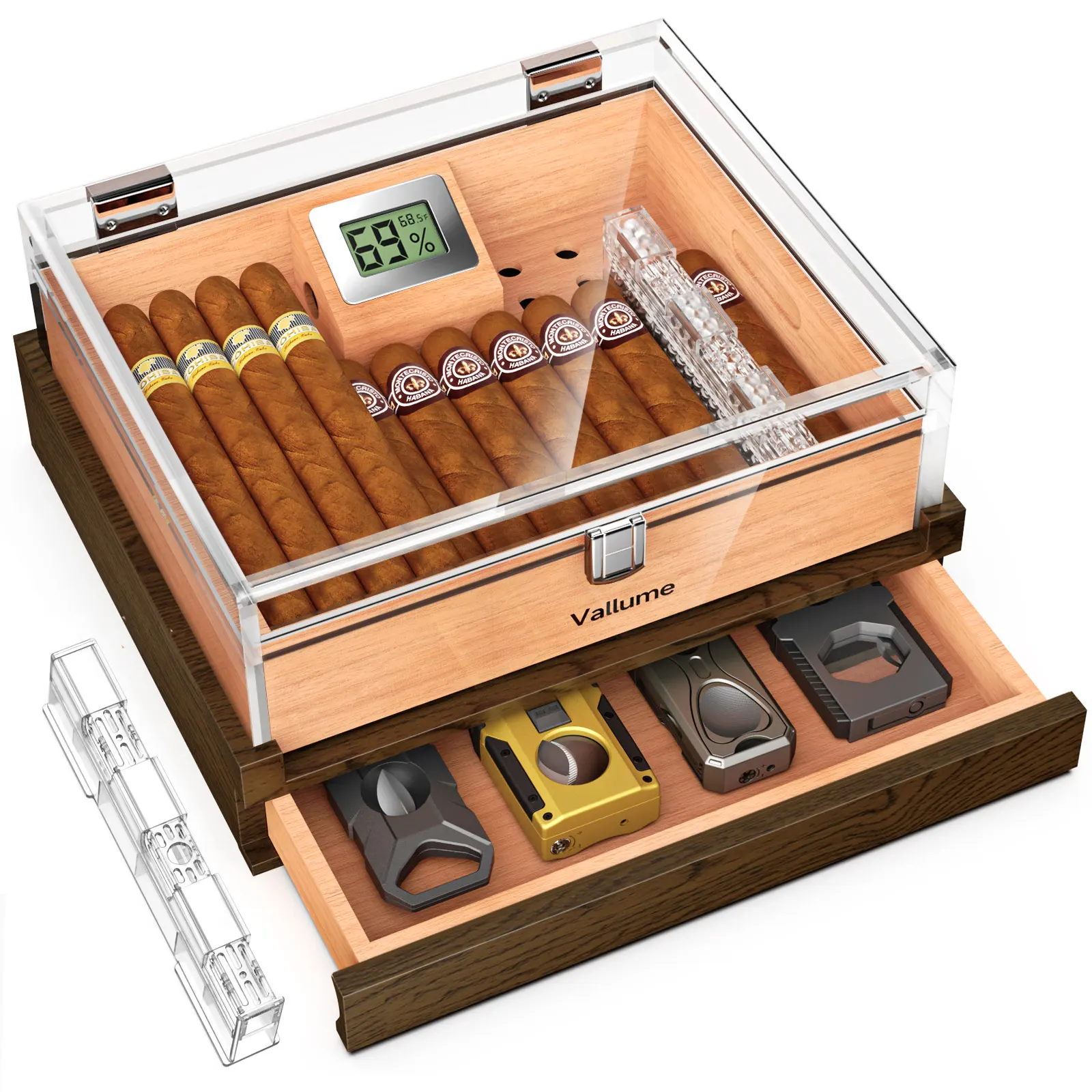 

Cigar Humidor,Acrylic Humidor,Desktop Humidor Box with Cigar Accessory Drawer,Humidifier & Digital Hygrometer,Cedar Wood Tray
