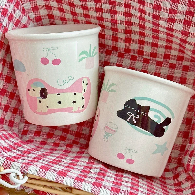 

Ceramic Cat & Dog Couple Mug Heat Resistant Milk Coffee Mug Hand Painted Household Juice Cup Microwave Safe