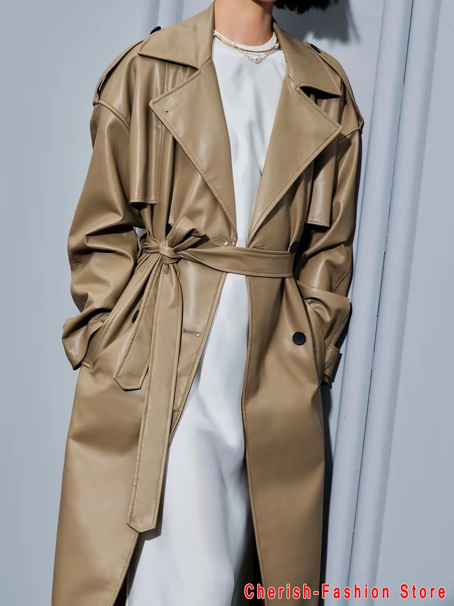 Brand Spring Autumn Long Faux Leather Trench Coat for Women Belt Double Breasted Luxury Elegant Khaki Leather Jacket Women Coat