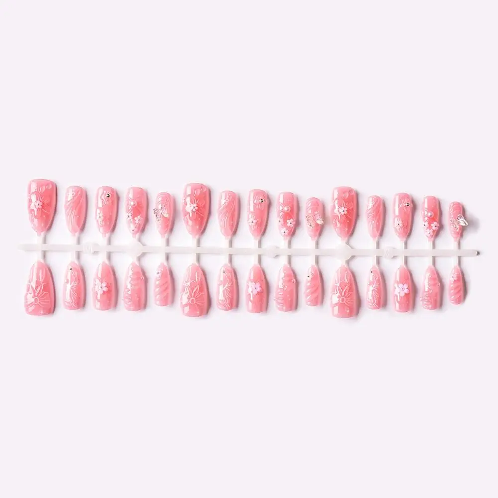 30 Tablets Starfish and Shells Handmade Summer 3D Nails with Diamonds Detachable Pink Bow Press-On Nails Full Cover