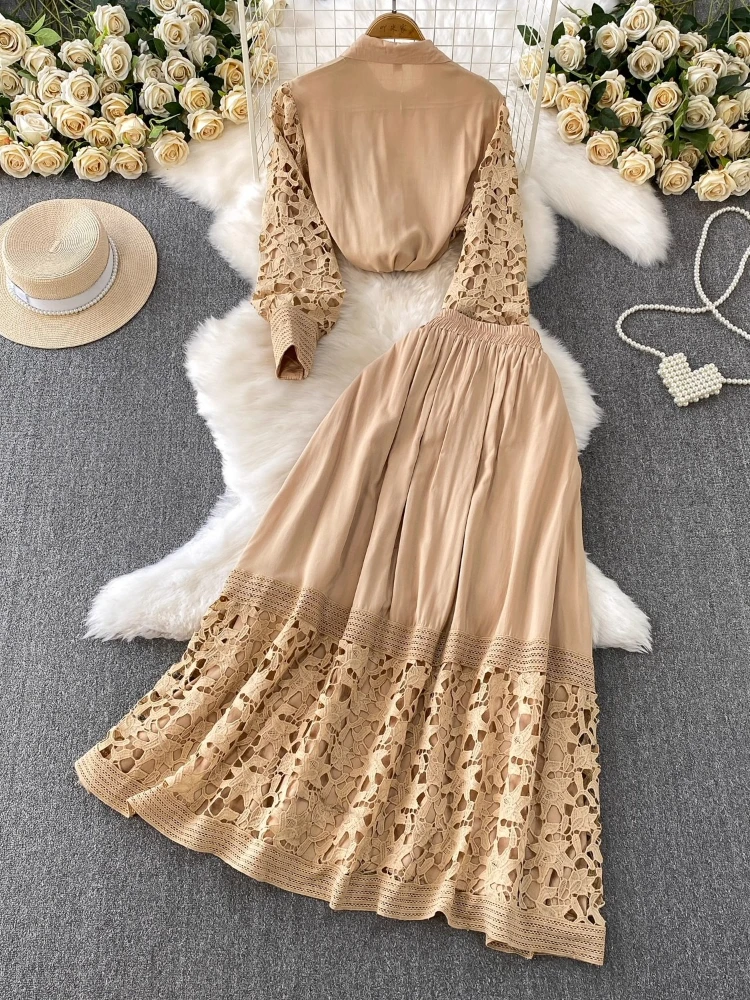 Autumn Skirt Sets Women Clothing Elegant 2-Piece Set Patchwork Lace Blouses High Waist Hollow Out Long Skirts Suit Summer Outfit