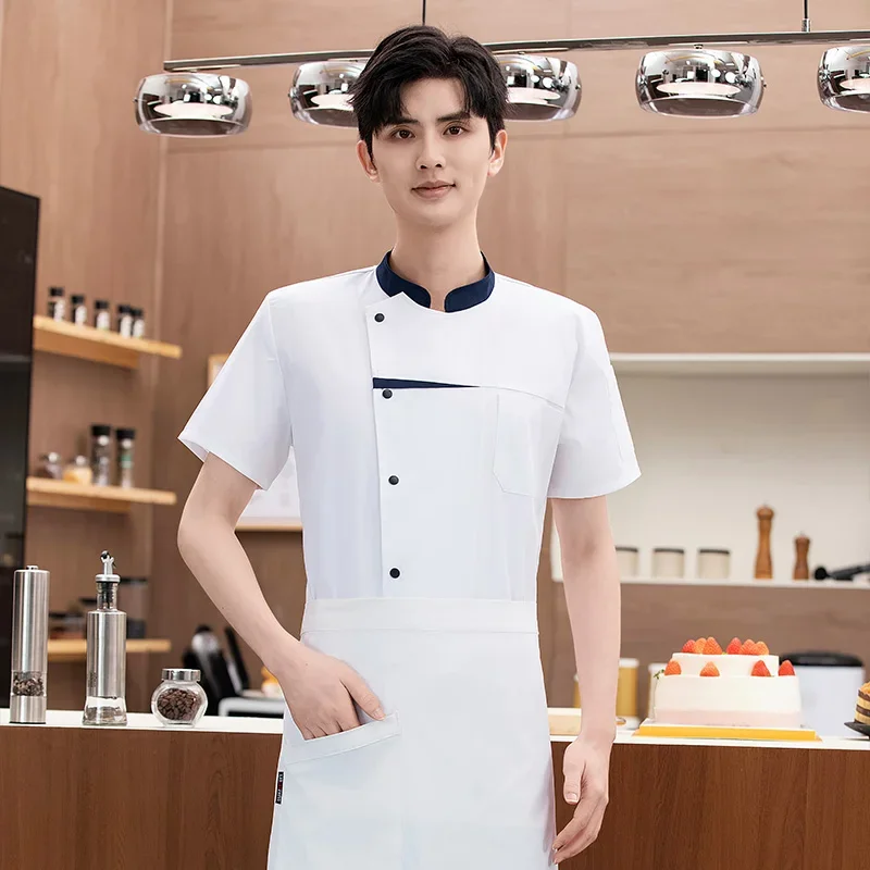 Men Restaurant Kitchen Chef coatChef short sleeve uniform Breathable Mesh Chef Jacket with apron black  women work clothes logo