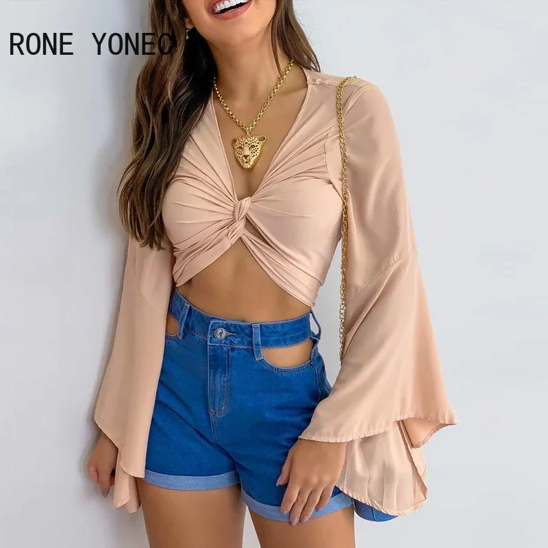 Women Chic Solid V neck Wrap Flared Sleeves Short Sexy Blouse Tops